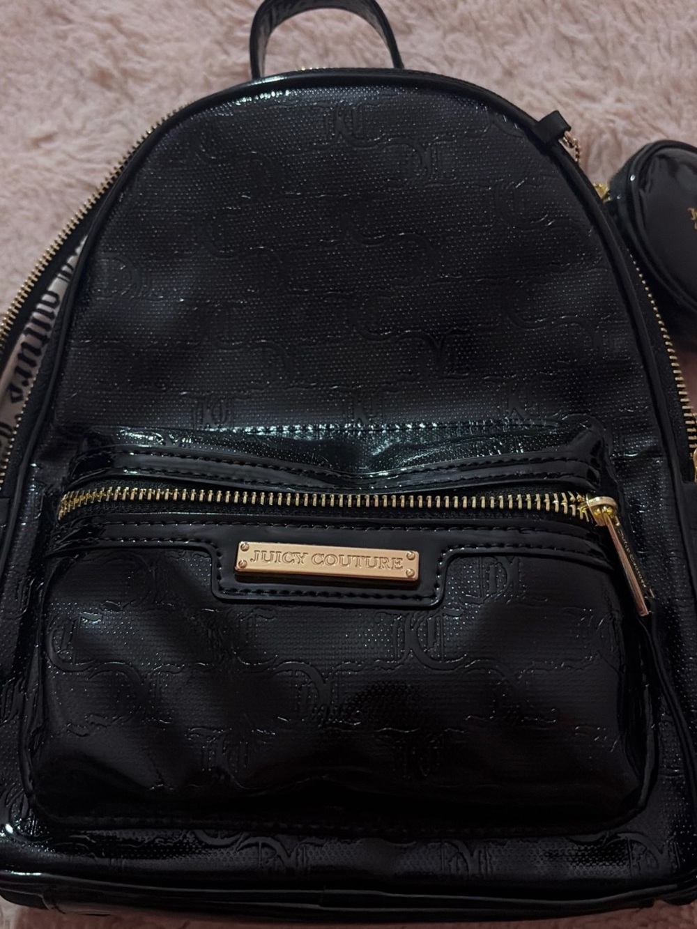 Juicy Couture Black Patent Mini Backpack with Gold Hardware